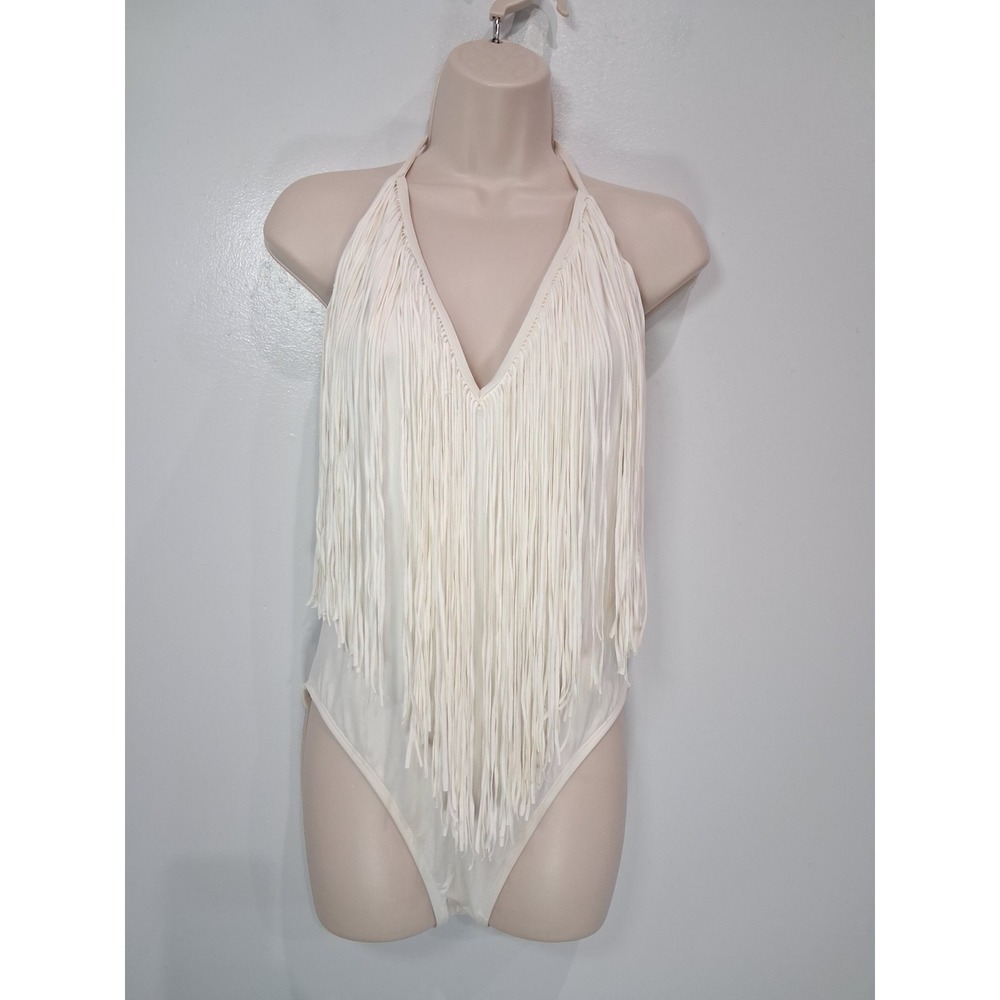 Womens Off White Fringe Halter One Piece Swimsuit‎ Boho Festival High Cut V-Neck